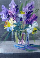 Quadro olio ACEO ORIGINALE - Narcisi e Giacinti - 2,5x3,5 in artista MK