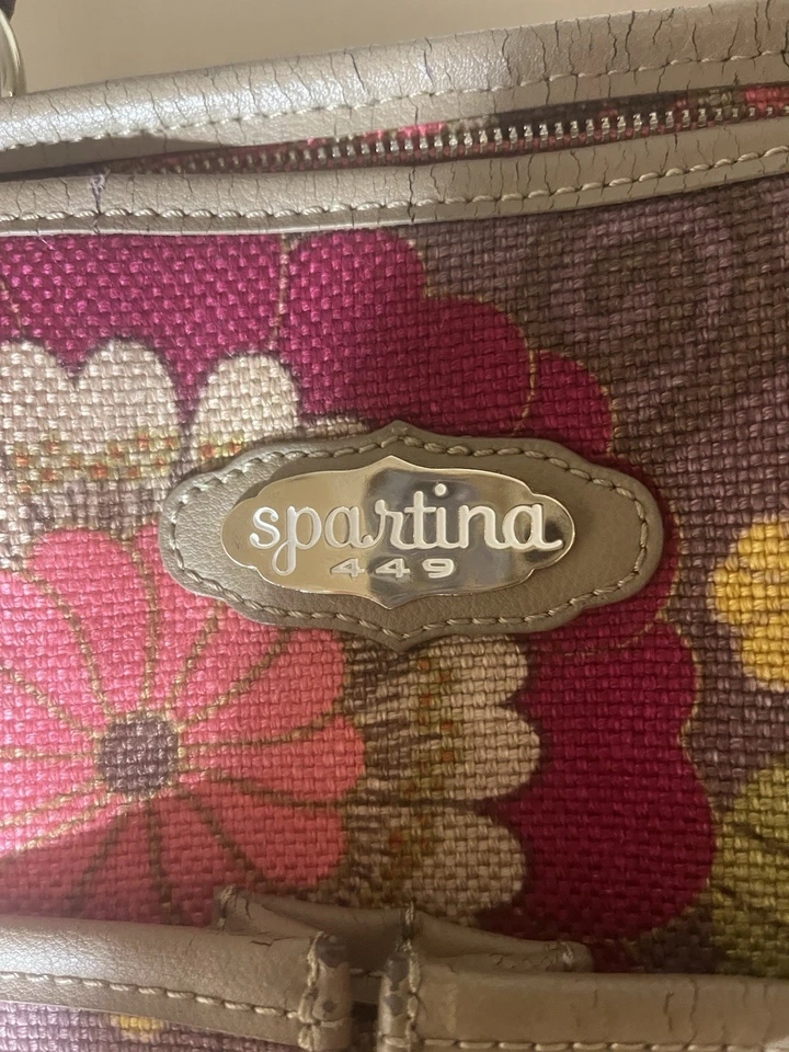 Spartina 449 Daufuskie Island Floral Handbag Tote Natural Linen Leather Trim - Image 4 of 4