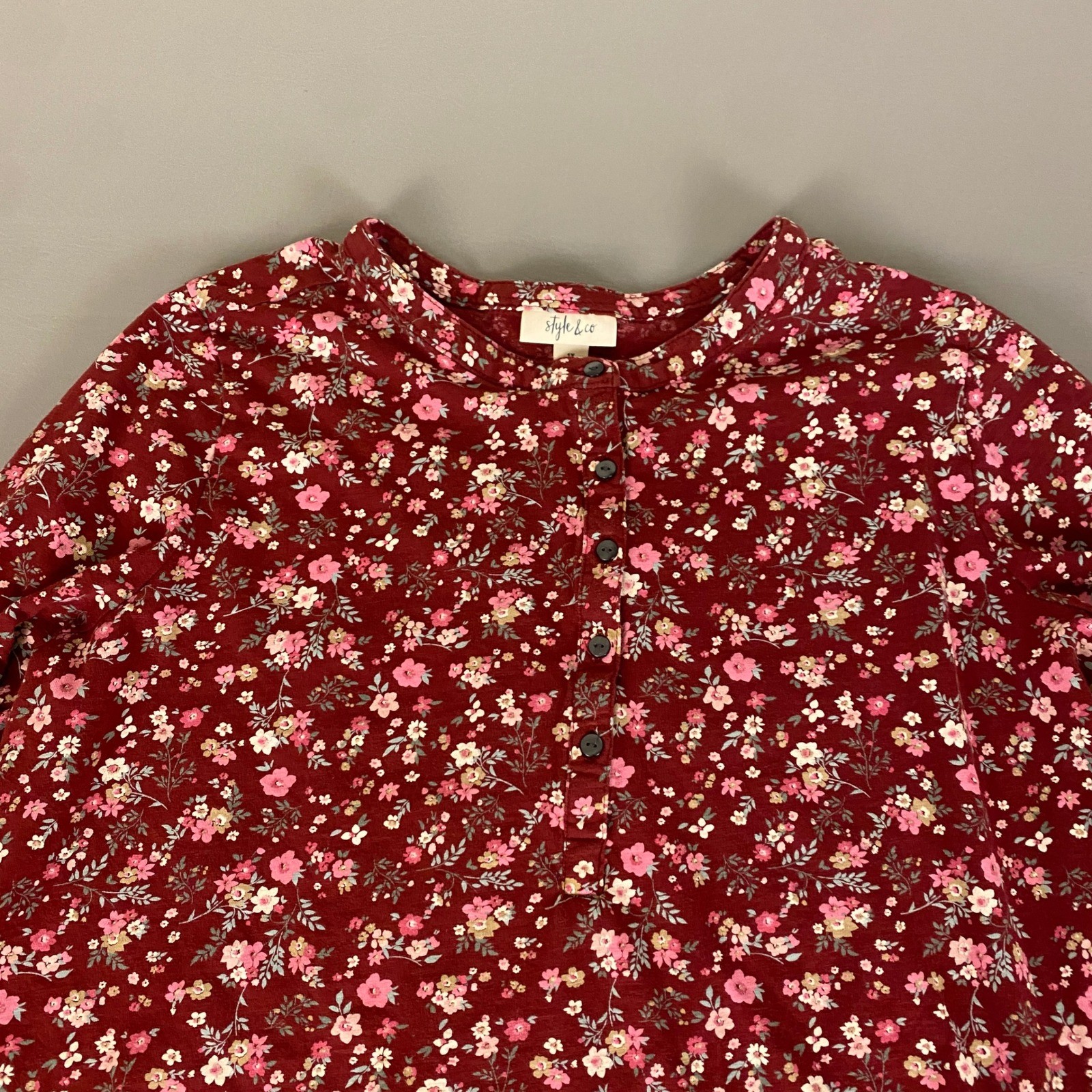 Style & Co Tunic Top Blouse Women's Plus Size 1X Floral Long Sleeve Burgundy