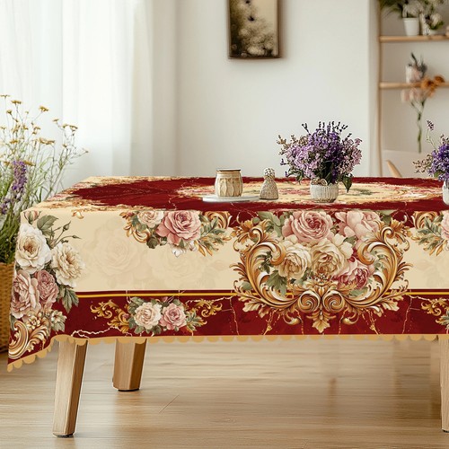 1 Pc Floral Round Tablecloth,Floral Pattern Table Cover Edge Embossing Process - Picture 4 of 7