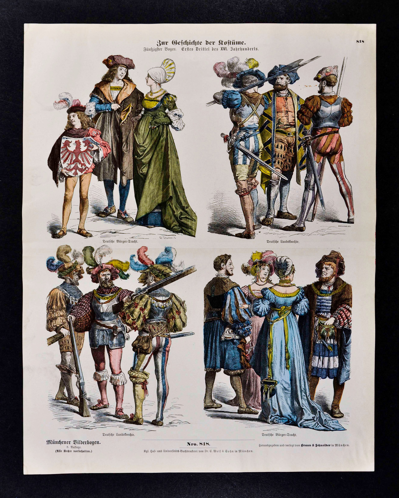 1880 Costume Print 16th c. German Citizens Mercenary Soldiers Muskets Swords