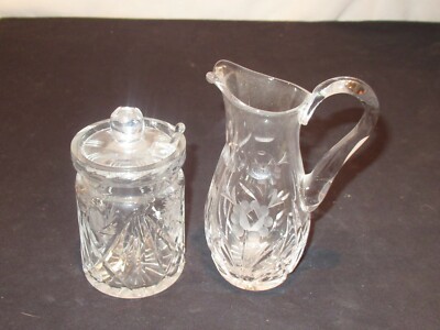 CUT GLASS CREAMER & SUGAR MUSTARD JAM JAR GLASS SPOON ELEGANT