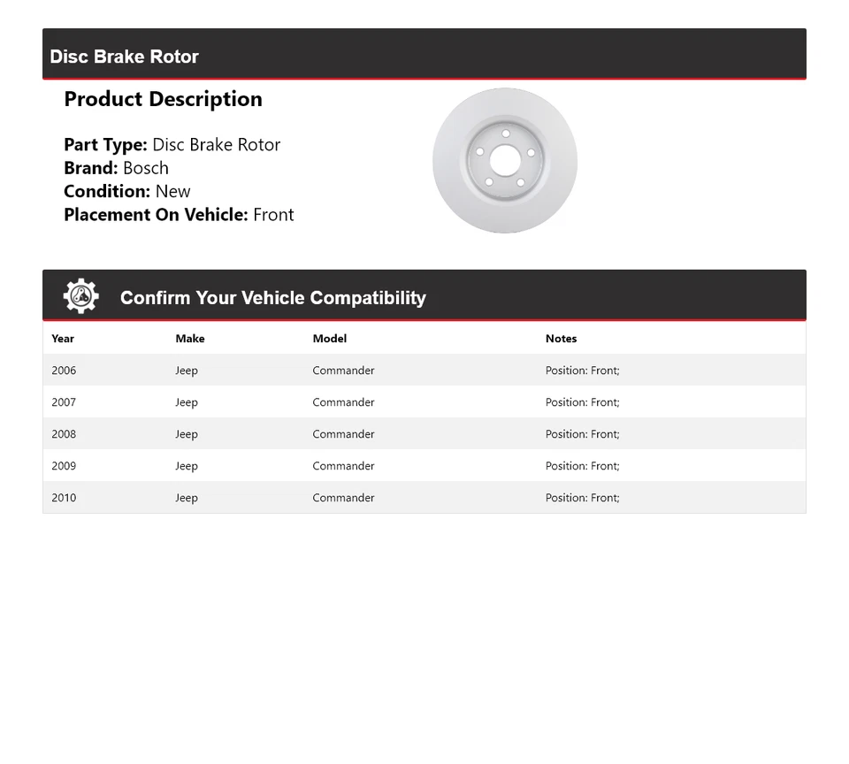 Rotor de freno de disco delantero para Jeep Commander Bosch QuietCast 2006-2010 2007 2008 Foto 2 de 4