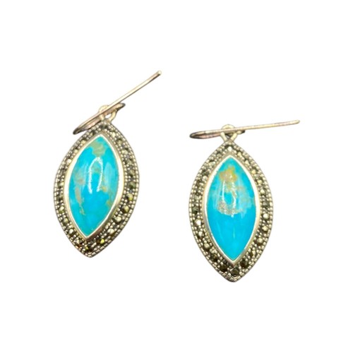 Marquise Turquoise Hook Dangle Earrings Marcasite Stone 925 Sterling Silver NK - Picture 4 of 12