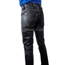 Men's Real Cowhide Leather Pants 501 Style Contrast Thread Bikers Leather Pants