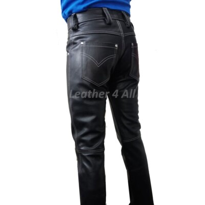 Men's Real Cowhide Leather Pants 501 Style Contrast Thread Bikers Leather Pants