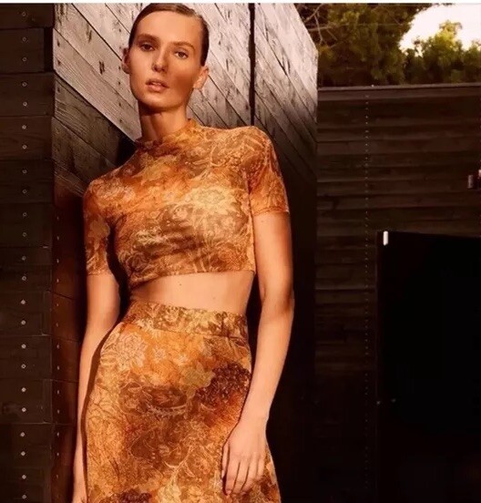 NWT Miss Los Angeles Rumer Crop Top In Golden Batik Floral Mesh