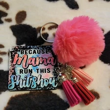 Mama Runs This Show Pink Pom Pom Tassel Keychain Handmade Custom Key Ring