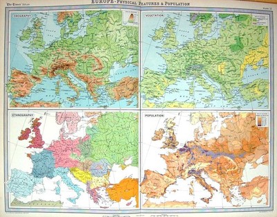 Antique Old Print Times Map 1922 Europe Orography Vegetation Races Population
