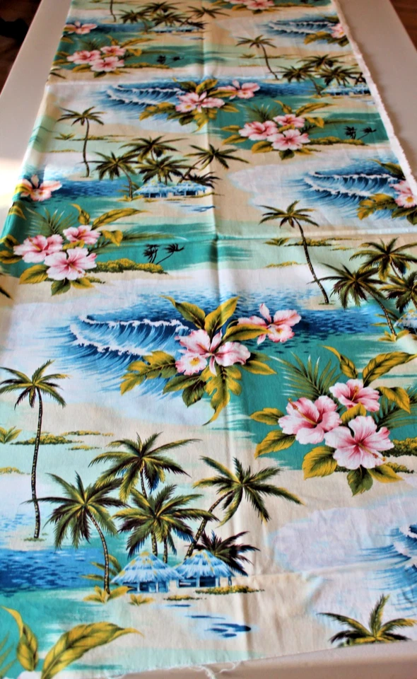 Tela Algodón 4-1/4 Yardas Azul Océanos, Palmeras, Flores Rosas, Tropical Nuevo Foto 3 de 4