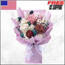 Forever Flower Bouquet Preserved Roses W/ Bear Gift Box For Wife Purple