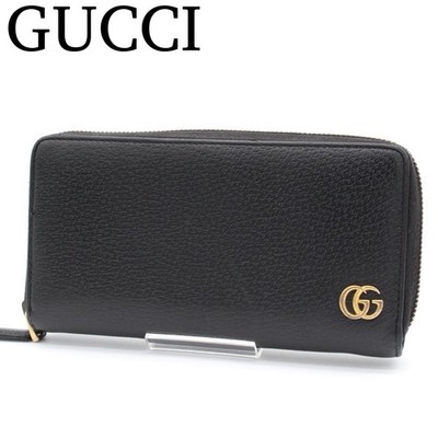 GUCCI GG Marmont Zip Around Long Wallet Black Leather Gold GG Logo Unisex