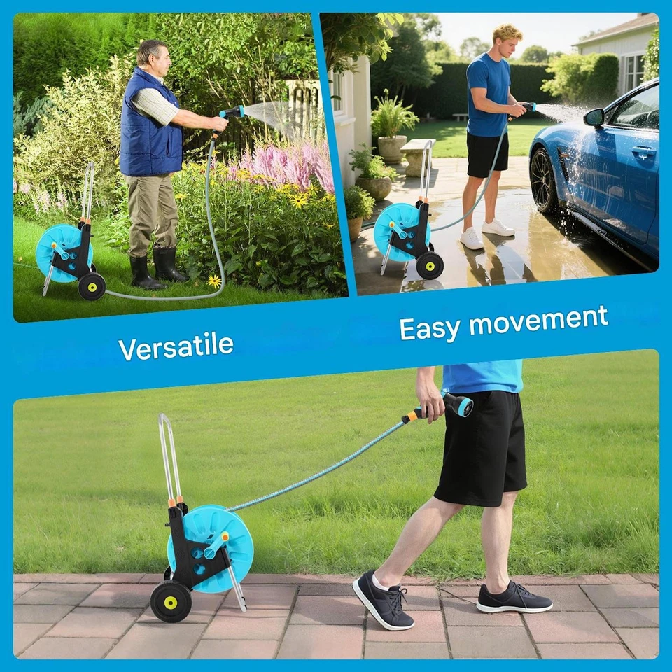 Carro de carrete de manguera de jardín azul de 1/2" carro de carrete de manguera de jardín independiente con ruedas Foto 3 de 4