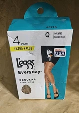 L'eggs Everyday Regular Pantyhose, Nude, Size Queen, 4 pair box, NIP