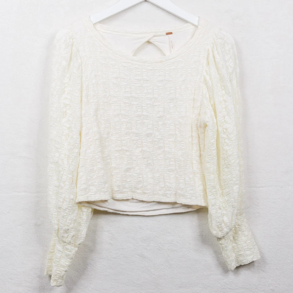 FREE PEOPLE Jasmine Lace Open Back Top Puff Sleeves Balletcore Feminine Sz M - Image 2 of 4