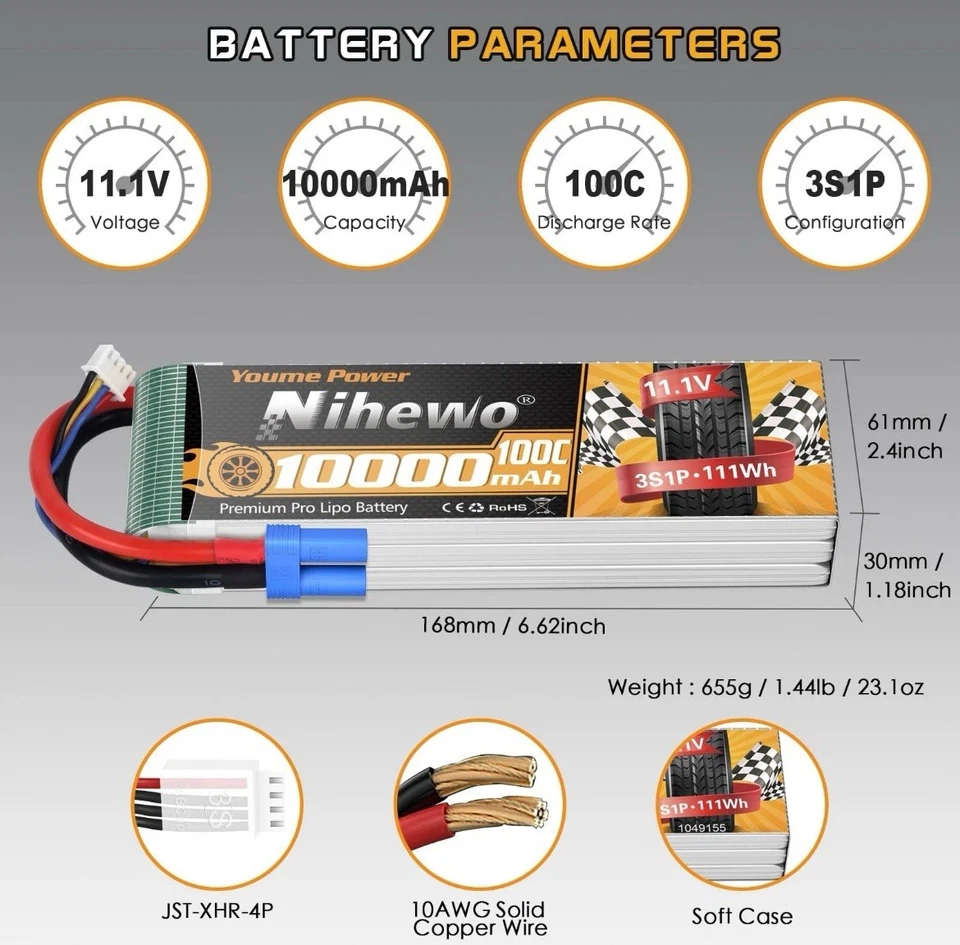 2x 3S Lipo Battery 11.1V 10000mAh 100C RC Battery Soft Case EC5 Plug Compatible - Image 3 of 4