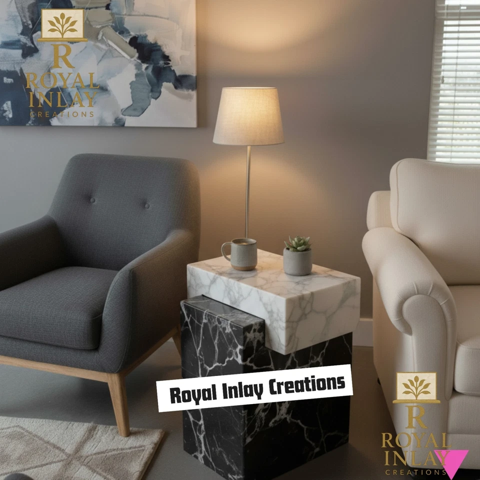 Serene & Modern Marble Side Table - Calacatta & Black Marble End Table - Image 2 of 4