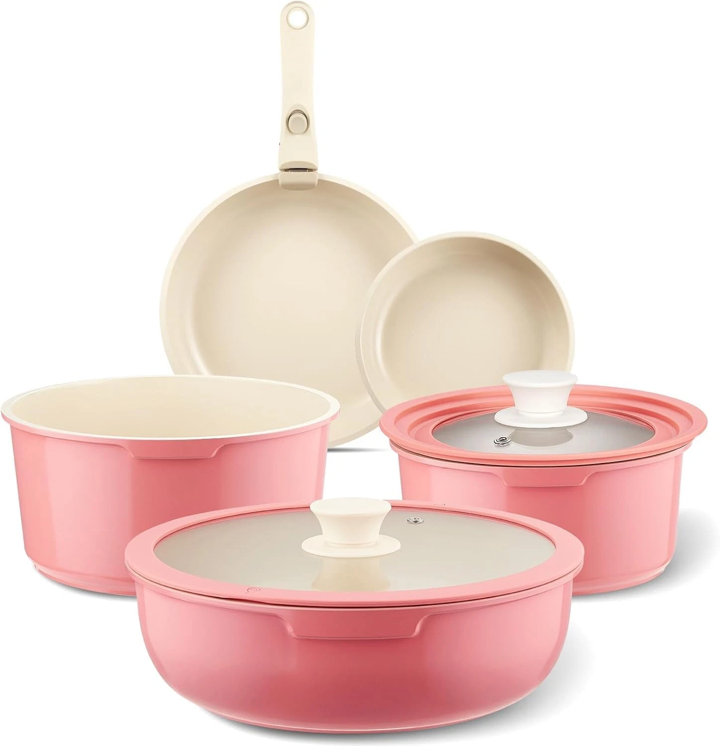 Ceramic Pots and Pans Set Non Stick Pink, 8 Pcs Nonstick Cookware Set with De...