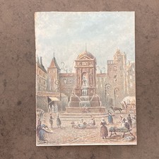 Peinture ancienne Paris Belle Époque - Gouache sur carton - Fontaine des Innocen