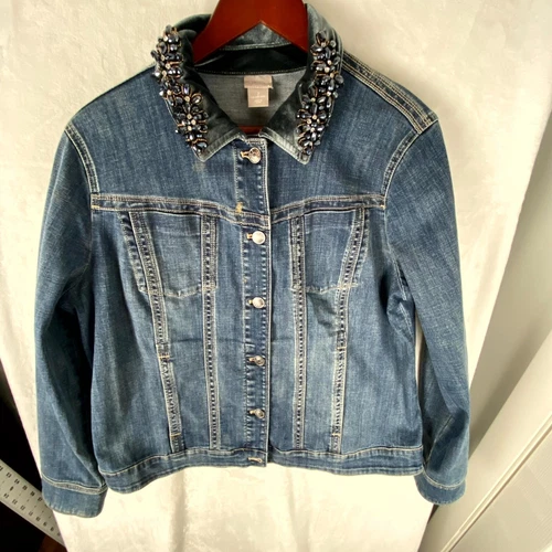 Chico's Jeans Jacket Womens 2 Blue Denim Embellished Classic Stretch Long Sleeve