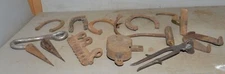 Antique farm tool lot horse shoe tobacco spear hog snotter hooks collectible lot