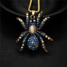 Fashion Women Shiny Blue Inlaid Crystal Retro Spider Pendant Chain Necklace