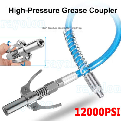 Grease Gun Coupler Locks on Like Air Chuck Fit SAE Zerk & Metric Lube N4E5+Hose