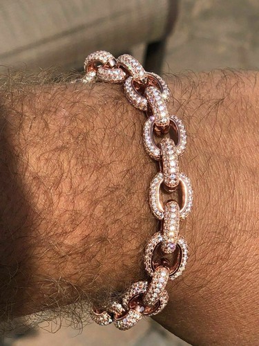 Icy Hip Hop Rolo Bracelet Rose Gold Plated Real Solid 925 Silver CZ 12mm - Picture 12 of 12