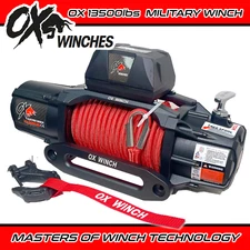 OX ELECTRIC WINCH MILITARY STYLE  13500lbs BLACK /  RED SYNTHETIC ROPE & TORCH