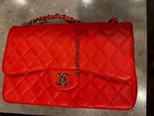 Authentic Chanel Red Caviar Leather Quilted Classic Double Flap Jumbo Bag In Red
