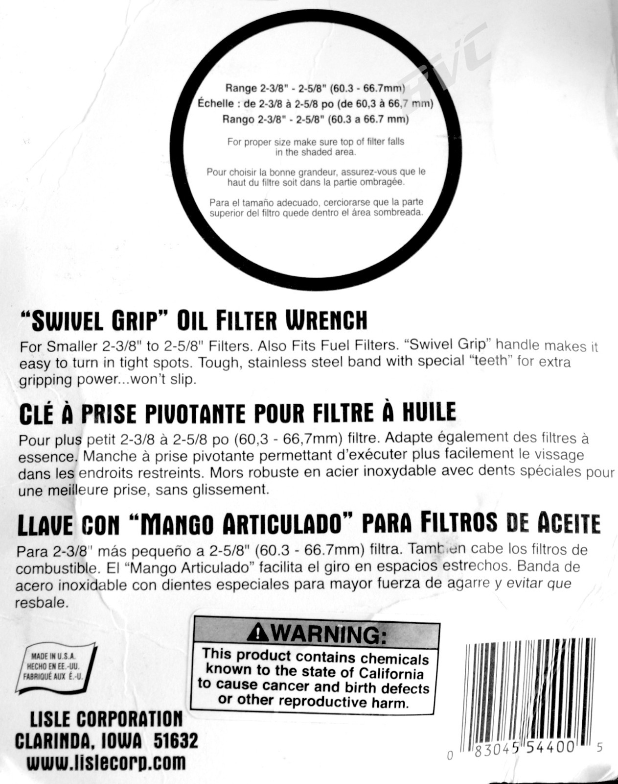 Lisle 54400 Oil Filter Wrench -Made In USA - Small Swivel Grip - 2-3/8" - 2-5/8"