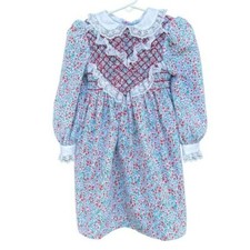 Vtg Polly Flinders Delicate Floral Long Sleeve Dress Diamond Smocked Lace Sz 3T