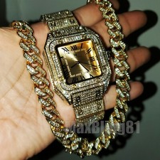 HIP HOP ICED GOLD PT LAB DIAMOND SQUARE WATCH  FULL ICED BLING CUBAN CHAIN SET