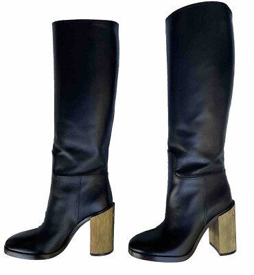 Gucci Authentic 431982 Knee High Leather Boots With Gold Metallic Heel
