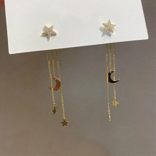 Trendy Exquisite Star Moon Long Tassel Dangle Earrings For Women Crystal Jewelry
