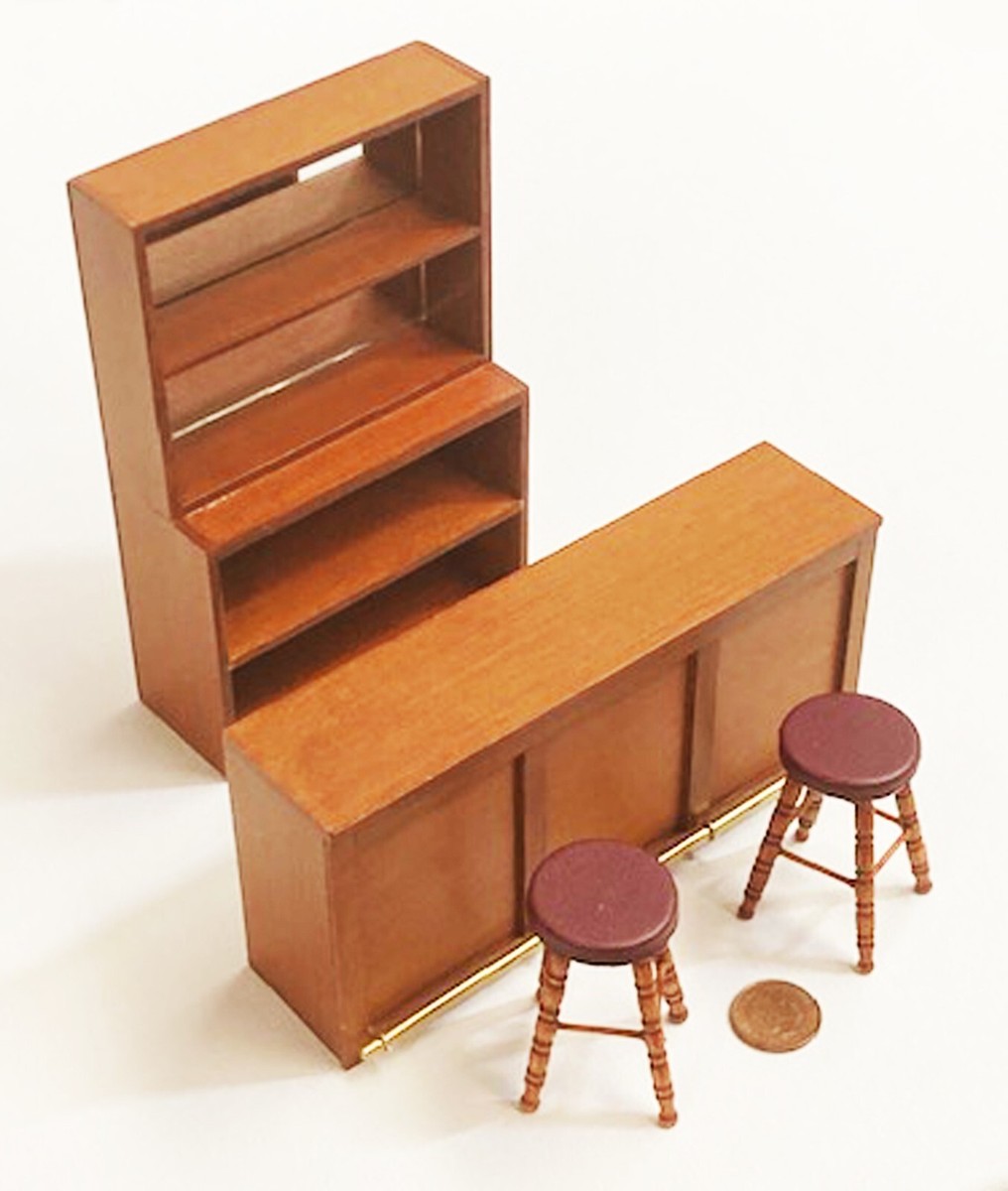 Dolls House Wood Bar And Mirrored bar Shelves With Stools 1:12