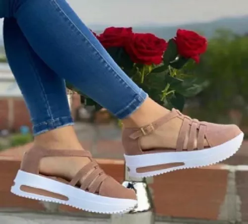 Damen Keilabsatz Plateau Sandalen Runde Schnalle Sommerschuhe Geschlossene Zehe Knöchelriemen - Bild 8 von 19