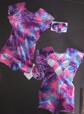 NWT Shorty Unitard Velvet Glittered Tiedye Print open heartbck Girls sz Gymnast