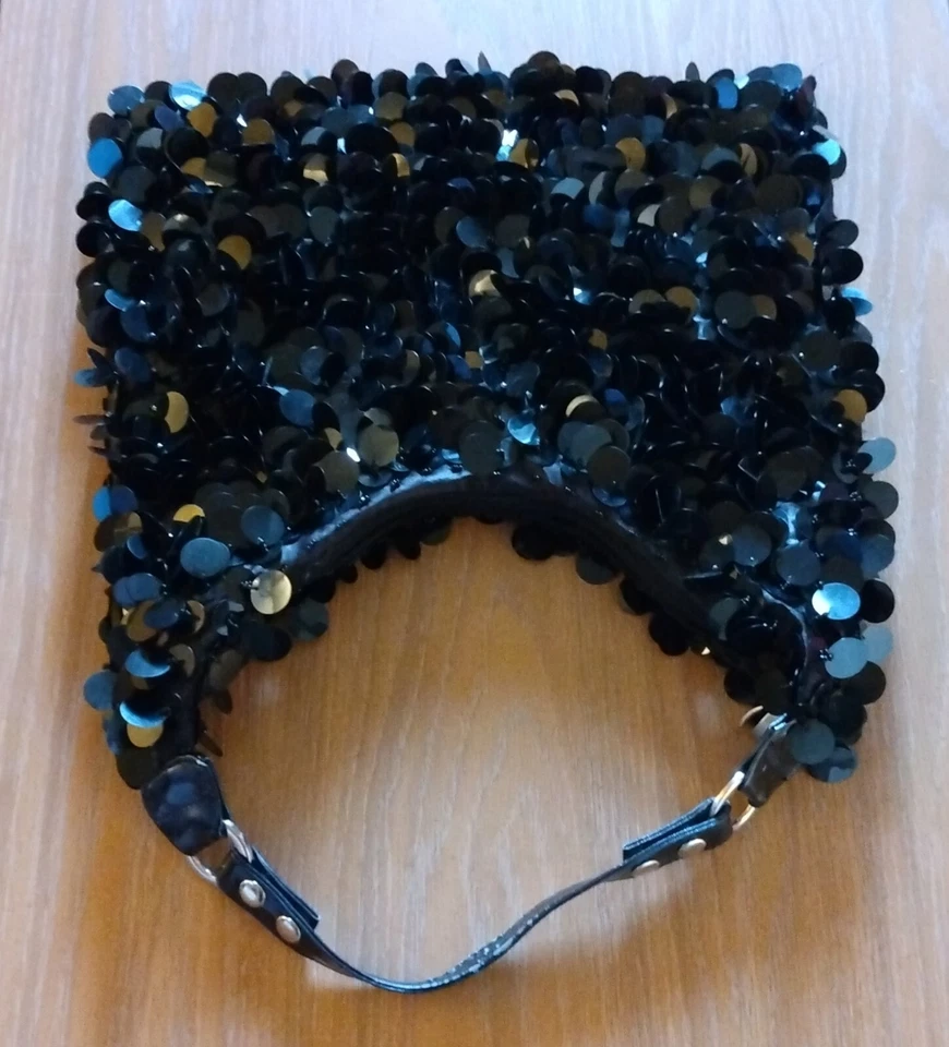 Cartera Brillante Años 90 Bolso con Cuentas Plateadas con Correa Ajustable Negra Vintage Club A3 Foto 4 de 4