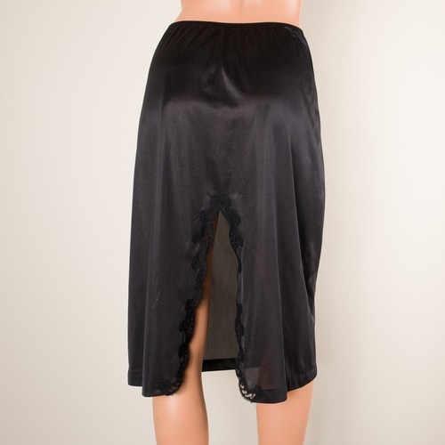 💖 VTG SEARS The Doesn't Slip Half Slip Skirt Anti Cling M Black Nylon Slit Lace - Picture 2 of 4