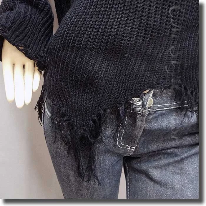 Suéter Pullover Acanalado Tejido Grunge Triturado Cuadrado con Rasgaduras Top Negro M Foto 3 de 4