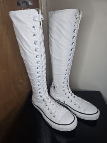 Rare White Canvas Converse knee high Zip Up Boots - UK Size 5 - Picture 1 of 8