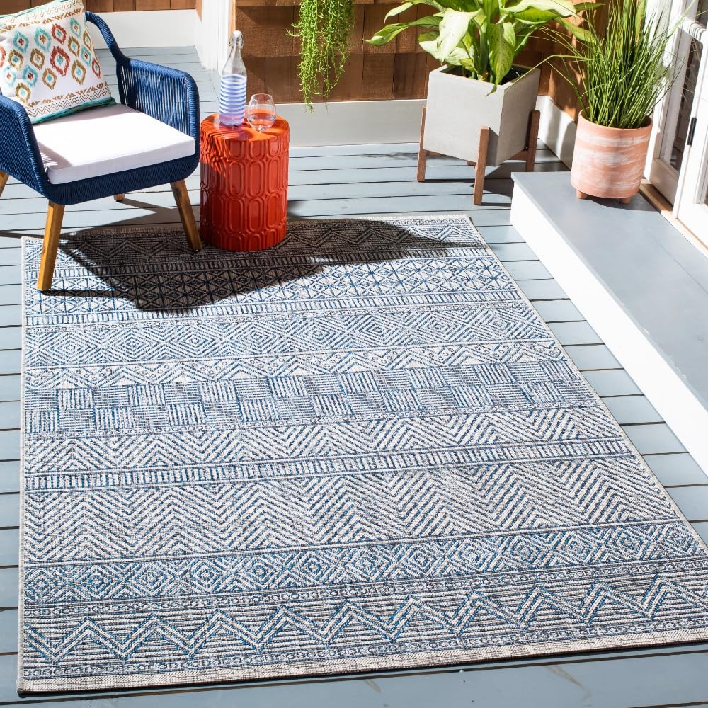 Courtyard Collection 5x8 Grey Navy Indoor Outdoor Waterproof Rug CY8196