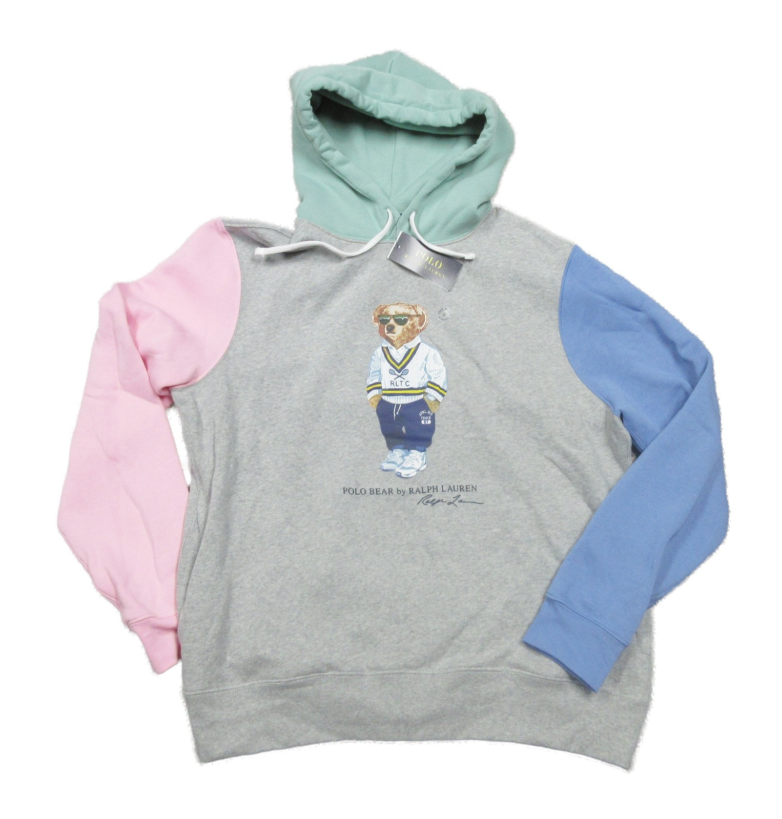 Polo Ralph Lauren Men's Grey Colorblock Polo Bear Graphic Fleece Pullover Hoodie
