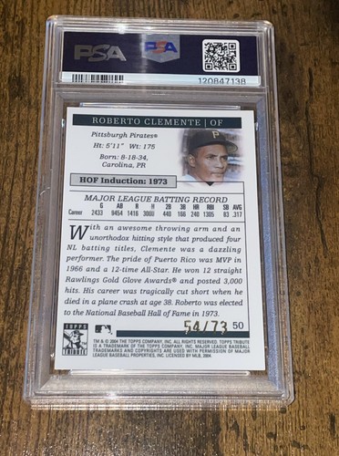2004 Topps Tribute #50 Roberto Clemente Gold Refractor /73 PSA 8 NM-Mint - Picture 2 of 2