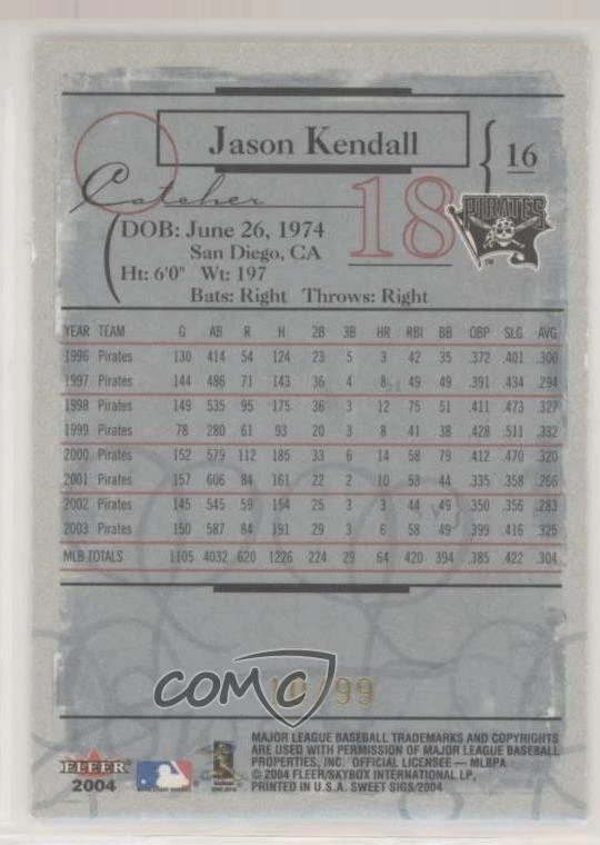 2004 Fleer Sweet Sigs Gold /99 Jason Kendall #16 - Image 2 of 2