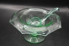 Green Etched Depression Glass Mayonnaise Pedestal Bowl with Etched Glass Ladle