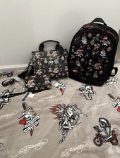 Bolso de Mano Ed Hardy Negro con Correa + Cartera con Cremallera + Mochila a Juego Arte del Tatuaje Y2K Nuevo con Etiquetas