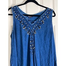 Riviera Sun Blue Embroidered Sequin Sharkbite Hem Boho Dress Plus Size 1X