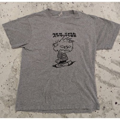 VTG 90s Calvin and Hobbs New York Attitude Gray T-Shirt L Skater Grunge Cartoon